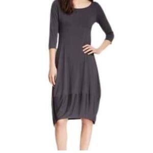 Eileen Fisher Black Jersey Bubble Midi Dress L 3/4 Sleeve Boho Stretch EUC